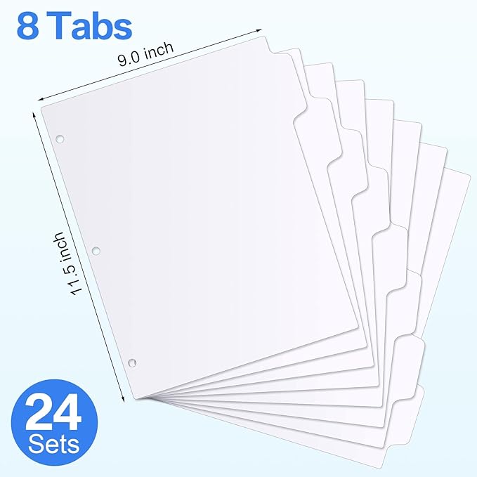 Thenshop 192 Pieces 24 Sets Binder Dividers with Tabs Bulk 8.5 x 11 Inch Write & Erase Big Paper 8 Tab Dividers for 3 Ring Binder(White)