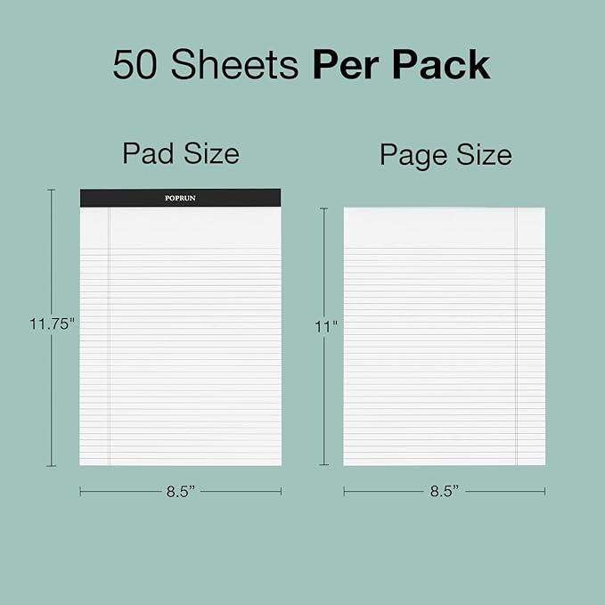 POPRUN White Legal Pads 8.5 x 11.75 Wide Ruled, 100GSM Writing Paper Pad, Bulk Lined Notepad Notebooks for Work School, Classroom Office Supplies, 6 Pack
