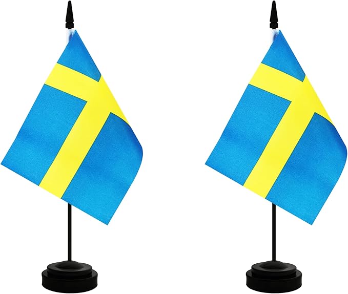 2 Pack Sweden Desk Flag, Swedish Table Office Flag with Solid Pole and Stand Base, International Country Flag, Festival Celebration, Classroom Meeting Desktop Decoration (Sweden)