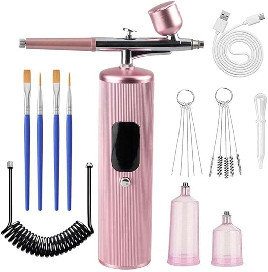 48PSI High-Pressure Airbrush Kit with Compressor, 0.3mm Nozzle & 4000mAh Battery - Handheld Portable Spray Gun for Nail Art, Makeup, Painting, Graffiti, Cake Decorating,Model Coloring (Pink)