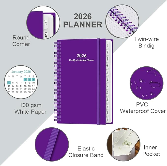 2026 Pocket Planner/Calendar - 2026 Planner from January 2026 - December 2026, Planner 2026 with 12 Tabs, Twin-Wire Binding, Inner Pocket, 3.75" x 6.75, Purple