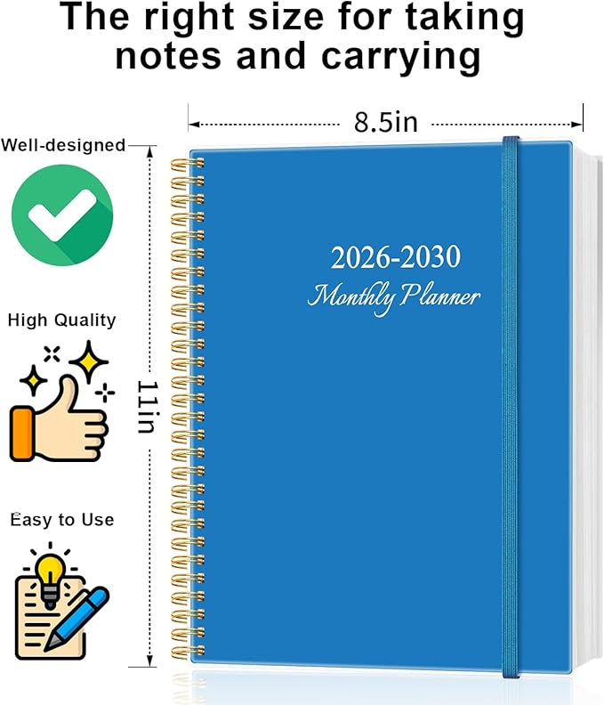 2026-2030 Monthly Planner - 60 Month PLanner Calendar from January 2026 to December 2030, 5 Year Planner 2026-2030 with Flexible Cover, Inner Pocket, Perfect for Home | School | Office, 8.5" x 11", Blue