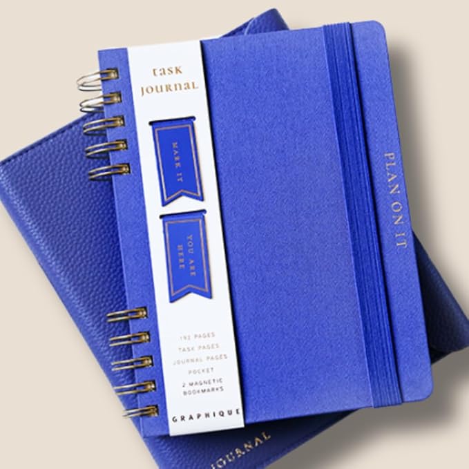 Daily Task Journal by Graphique Luxe Collection, Fabric-Wrapped Hardcover Spiral Notebook for Planning & Writing, Priority List Planner with Magnetic Bookmarks & Gold Foil Embossing,192 Pages, 6” x 8”, Colbalt Blue