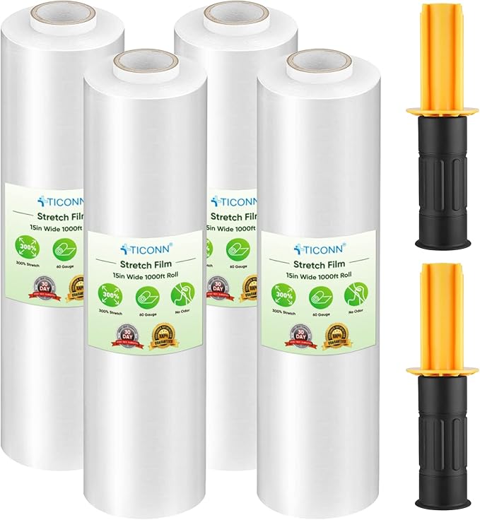 TICONN 4Pk Stretch Wrap Stretch Film Roll, 1000ft Industrial Strength 15 inch Wide Clear Plastic Wrap with Handles for Pallet Wrapping Shipping Moving