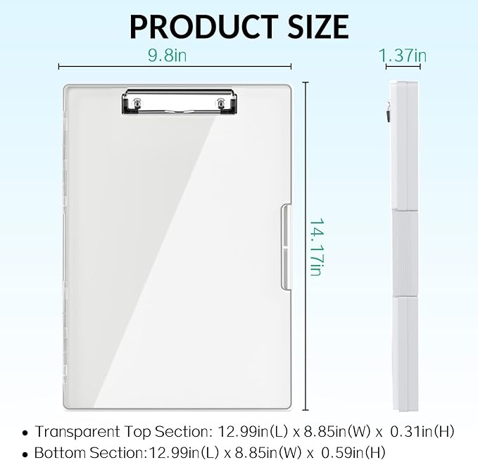 Sooez Clipboard with Storage, Heavy Duty Cleaview Clip Boards 8.5x11 with Dual Storage, Dry Erase Plastic Nursing Clipboard, High Capacity Clipboards Folder for Teacher Nurse, School & Office Supplies
