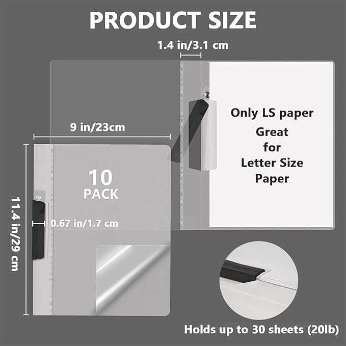 TOTiyea 10 Pack Clear Report Covers with Swing Clip, File Folder with Swing Clip, 30 Sheets Capacity, Slide Locking Report Covers, Letter Size, Clear
