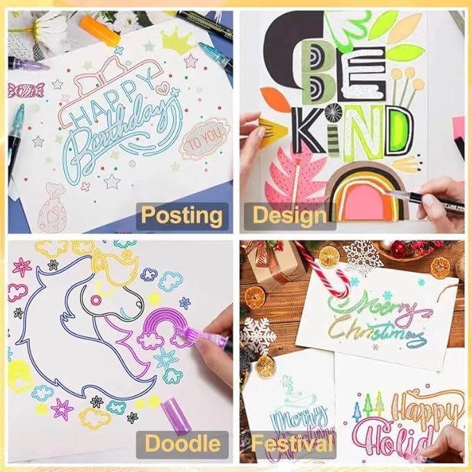 Double Line Outline Markers 12 Colors Super Squiggles Glitter Self Outline Metallic, Doodle Shimmer Drawing Pens for Christmas Greeting Card, Birthday Gift, DIY Art Crafts