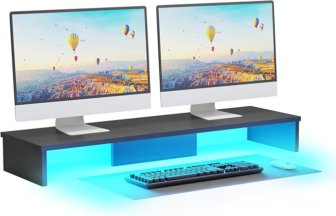 Dual Monitor Stand Riser for Desk with LED Lights, Large Computer Monitor Stand for 2 Monitors, Desk Shelf for Top of Desk, Desktop Organizer for Computer, Laptop, Printer, TV