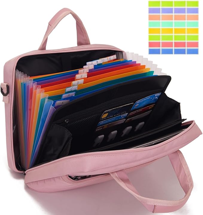 BARDOLPH Accordian File Organizer with Handle,12 Pocket Expanding File Folder with Zipper,File Folder Organizer with Multi Pockets Heavy Duty Accordian File Organizer (Pink)