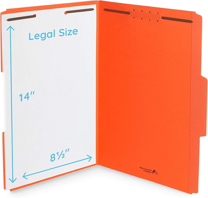 Blue Summit Supplies Orange Legal Size Fastener File Folders, Legal Size, Legal File Folders with Fasteners, 1/3 Cut Reinforced Tabs, Durable 2 Prongs, for Organizing Medical or Law Files, 50 Pack