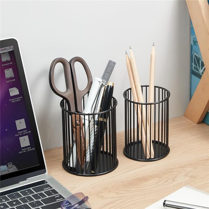 2 Pack Metal Pen Holder for Desk,Makeup Brushes Cup Holder, Pencil Holders, Pen cup, Home and Office Organizer, Black