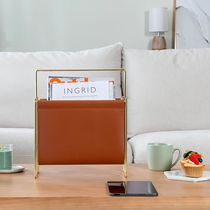 MyGift 13 inch Modern Caramel Leatherette Magazine Holder Floor Standing Sling Style Rack with Brass Tone Metal Frame