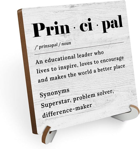 School Principal Definition Wood Sign Desk Decor Rustic Office Cubicle Decor Positive Assistant Principal Plaque with Wooden Stand Funny Office Desk Accessories for Home Table Shelf Principal Gifts