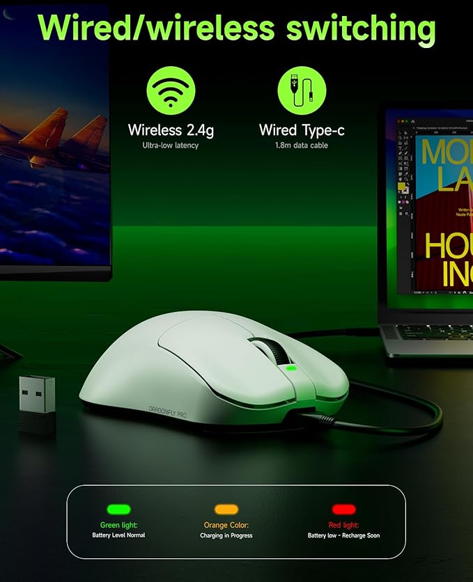 VGN F1 PRO Wireless Gaming Mouse - Ultralight 49g - Wireless & Wired Mode - 26000 Adjustable DPI - 1000Hz Polling Rate - 65 Hours Battery - Programmable Buttons - Esports Professional Grade - USB-C