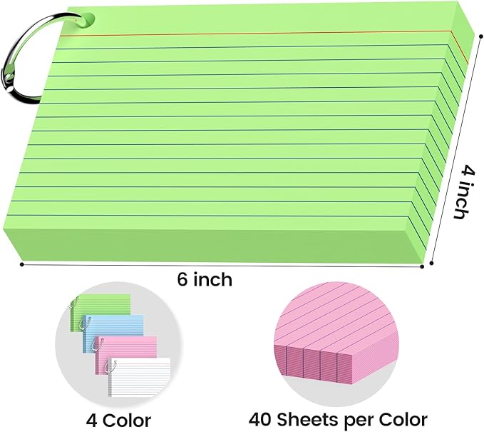 160-Pack Colored Index Cards 4x6 Inch w/Key Ring – 180gsm Heavyweight Flashcards – 4 Vibrant Colors Flash Cards (White Pink Blue Yellow) – Perfect for Study, Notes & Memory, Students School Supplies