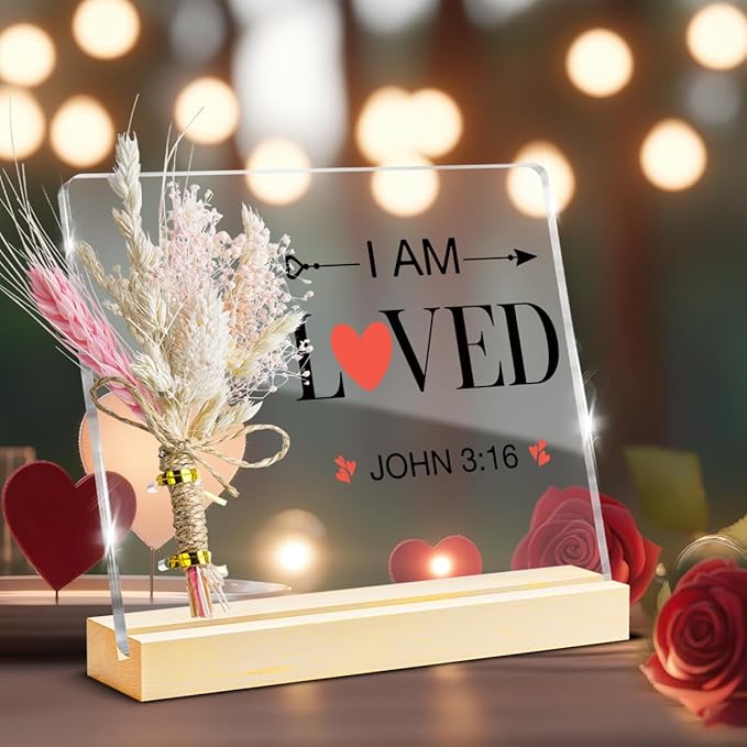 Valentines Day Gifts, John 3:16 Valentines Decorative Sign, Bouquet Acrylic Sign With Wooden Stand for Office Desk Table Shelf