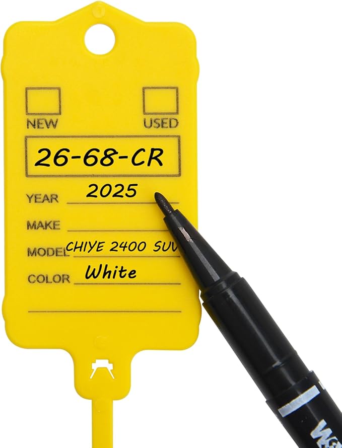 50 Car Key Tags with Labels Plastic Car Dealership Key Tags Self Locking Automotive Identifiers Blank Shop Labels with One Pen (Yellow)