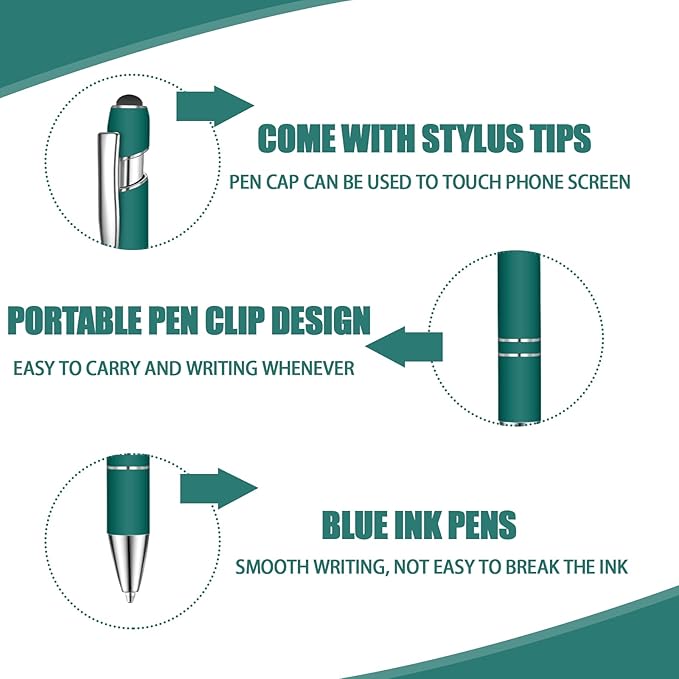 24 Pcs Blue Ink Ballpoint Pen with Stylus Tip 2 in 1 Ballpoint Pen 1.0 mm Blue Ink Metal Stylus Pen for Touch Screens Coworkers, Family, Colleagues, Office (Green)