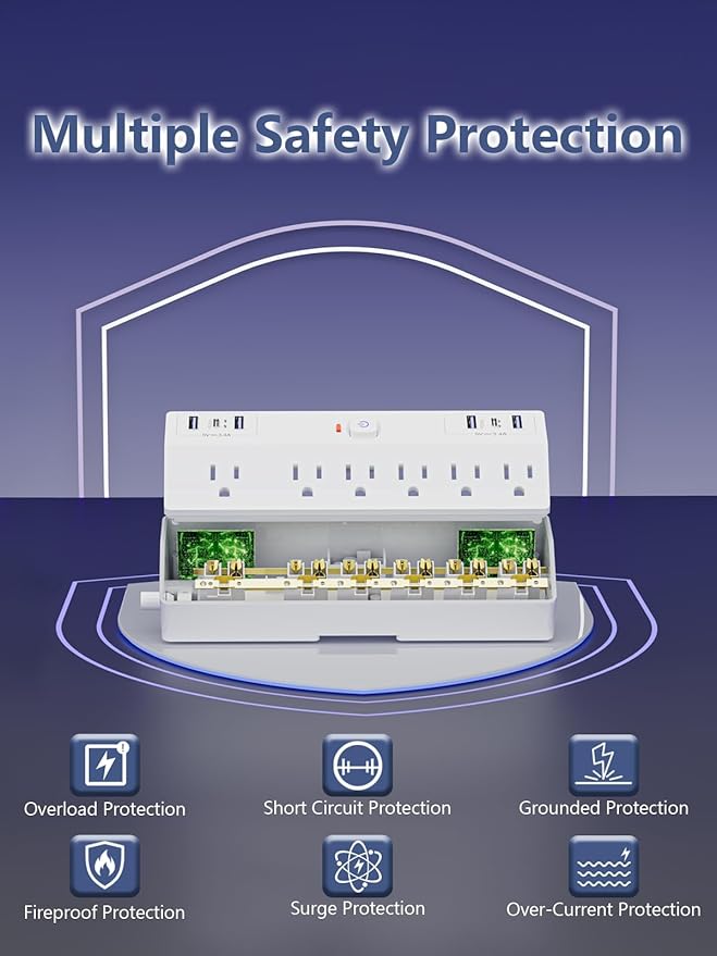 Desk Clamp Power Strip, 40W Fast Charging Station, Desktop Mount Surge Protect with 6 Outlets 6USB Ports (2USB C), Removable Power Strip Fits 1.8" Tabletop Edge, 10Ft Extension Cord for Home Office