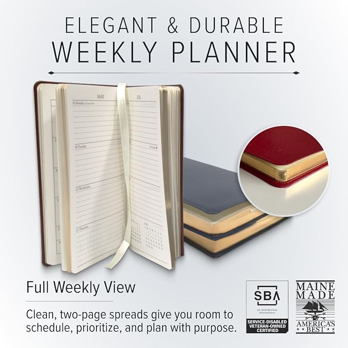 Gallery Leather Pocket Weekly Monthly Planner 2025-2026, Elegantly Bound Calendar Planner and Notebook with Stylish Gold-Gilded Page Edges, 12 Months - Freeport Metallic Silver - 6 x 3.25 "