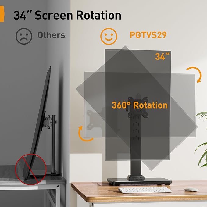 Perlegear Monitor Stand, Freestanding Monitor Mount for 13-34 inch Screens with 360 Degree Rotation, 5 Height Settings, Adjustable Desk Riser with Swivel and Tilt, Max VESA 100x100mm, PGTVS29