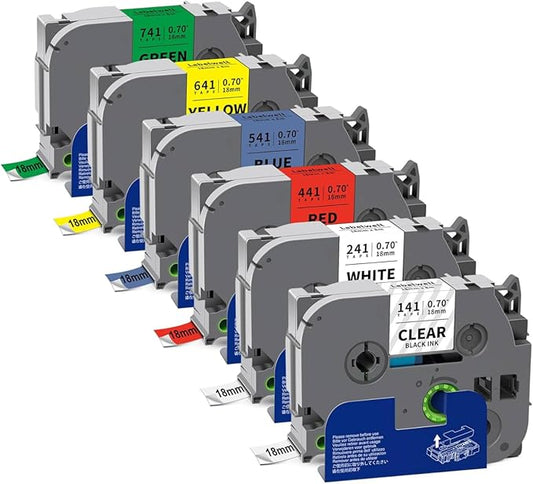 6-Pack TZ 18mm 0.7 Inch Laminated Multi Color Compatible for P Touch Label Tape TZe-141 241 441 541 641 741 for Ptouch PT-D400 PTD410 D610BT D600, Clear/White/Red/Blue/Yellow/Green