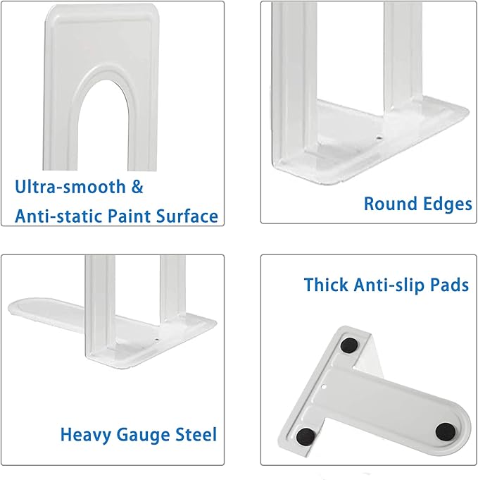 Metal Bookends for Home Office, Book Shelf Holder Home Decorative, Book Ends for Heavy Books/Movies/CDs, White 6.5 x 5 x 5.7 in, 4 Pair/ 8 Piece