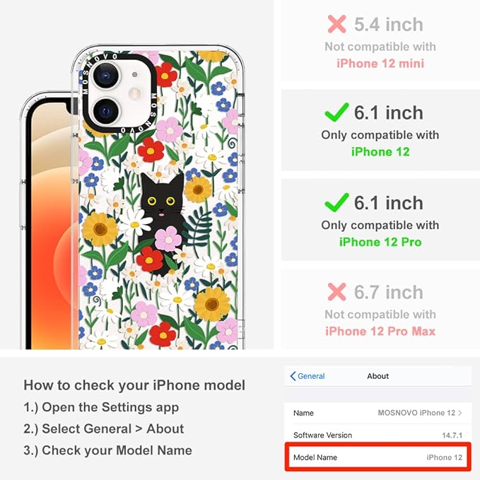 MOSNOVO Case for iPhone 12 & iPhone 12 Pro, [Buffertech 6.6ft Military-Grade Drop Protection] [Anti Peel Off Tech] Clear TPU Bumper Phone Case Cover Design - Black Cat in Garden