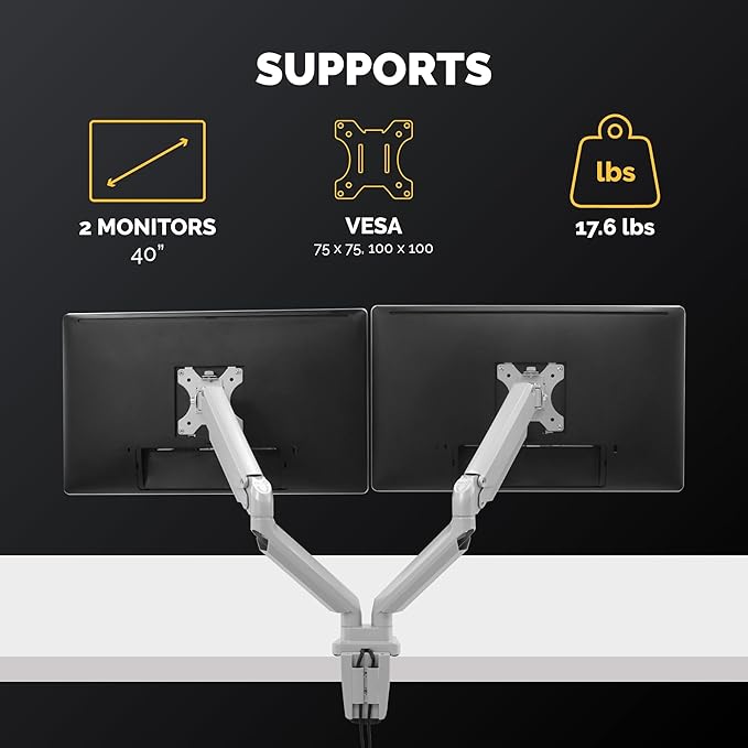 Fellowes Platinum Series Dual Monitor Arm for 40-Inch Monitors, Full Motion, 360° Rotation, VESA Mount with Grommet or Clamp, USB Ports, Ergonomic, Silver, 8056501