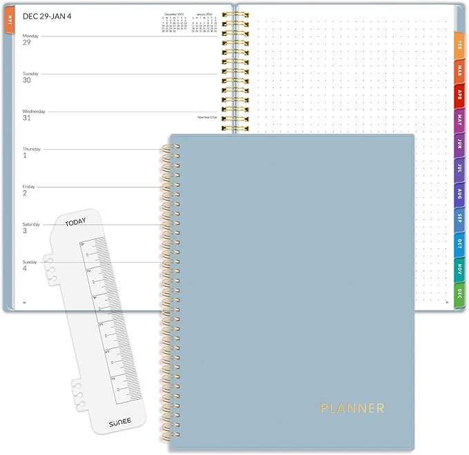 SUNEE 2026 Weekly and Monthly Planner - January 2026-December 2026, 8.5"x11" Half Weekly Half Note, Daily Agenda Planner with PVC Waterproof Cover, Monthly Tab, Note, Pockets, Bookmark, Blue