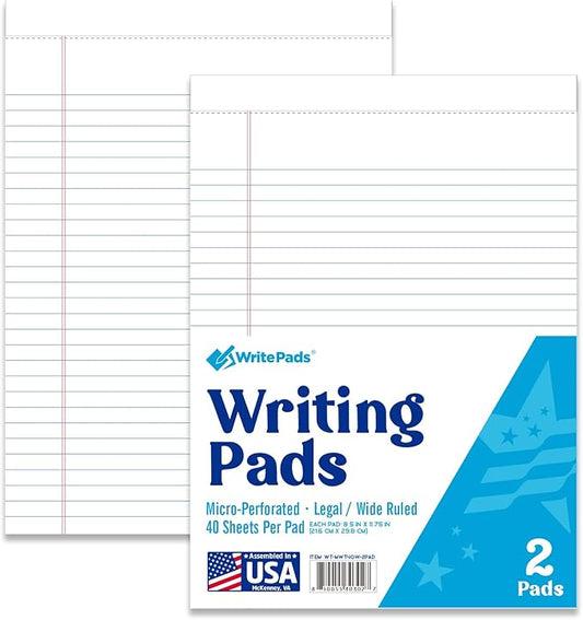 KAISA White Legal Pads Writing Pads Recycled Paper 8.5"x11.75" Wide Ruled Perforated 40 sheets Hard Back Notepads 8-1/2"x 11-3/4" Writing Tablet For Office Supplies Lined Paper (White 2pads)