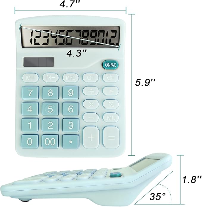 Basic Calculator with Comfortable Large LCD Display, 12 Digits Calculators Desktop, Tilt Screen, Big Button, Desk Calculator with Dual Power (Solar & Battery Included) (Blue)