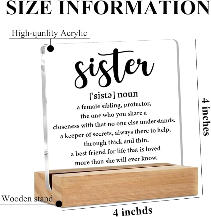 Sister Birthday Gifts Acrylic Sign, Sister Definition Quotes Acrylic Plaque Desk Decor, Best Gifts for Bestie Girls, Positive Shelf Cubicle Table Decor for Office Home Living Room Decoration