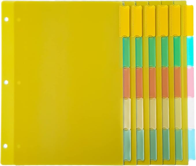 Seashell 5-Tab 6 Sets Plastic Binder Dividers, 8 Tab Insertable Index Dividers with 3 Hole Punch, Letter Size, Durable, Assorted Colors, School Subject Binder Organizers