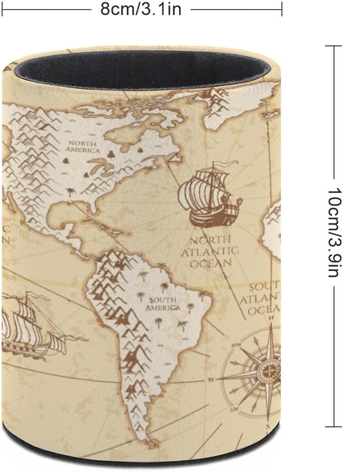 Vintage World Map Pen Holder Pencil Organizer Cute Pencil Cup Desk Decor Makeup Brush Holder PU Multifunctional Office Suppliesfor Home Classroom School