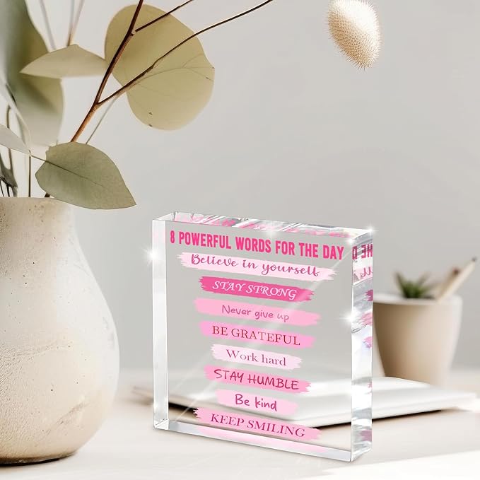 Pink Motivational Desk Decoration, 4x4 Inches Pink Acrylic, 8 Daily Motivational Phrases, Suitable For Desks, Home Decoration And Dressing Tables, A Positive Gift For Women