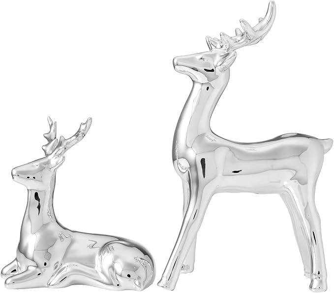 WDS WONDROUS Christmas Decorations Reindeer Figurines, Set of 2 Silver Deer Figurines Decor, Modern Xmas Reindeer Statue Indoor for Living Room Bedroom Office Christmas Village Shelf Winter Decor