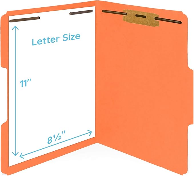 50 Orange Fastener File Folders - 1/3 Cut Reinforced Tab - Durable 2 Prongs Bonded Fastener Designed to Organize Standard Medical Files, Office Reports - Letter Size, Orange, 50 Pack