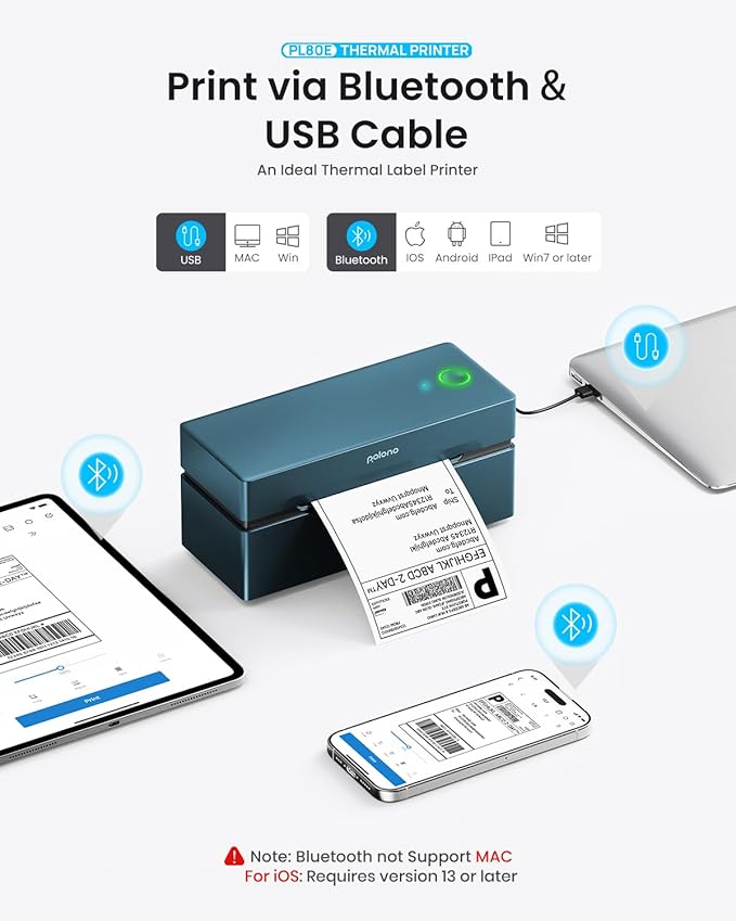 POLONO Bluetooth Thermal Shipping Label Printer, Wireless 4x6 Shipping Label Printer for Small Business, Support iOS, Android, Windows and Mac, Compatible with Amazon, Ebay, Shopify, 1 Pack (Blue)