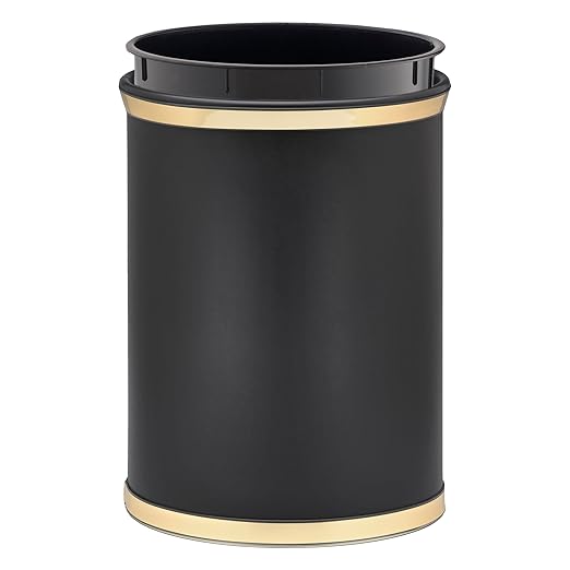 Kraftware Sophisticates Oval Wastebasket with Plastic Liner, Adding Classic Style to The Bathroom and All Other Rooms in The Home or Office, 13 Quart Capacity, Black with Gold Trim
