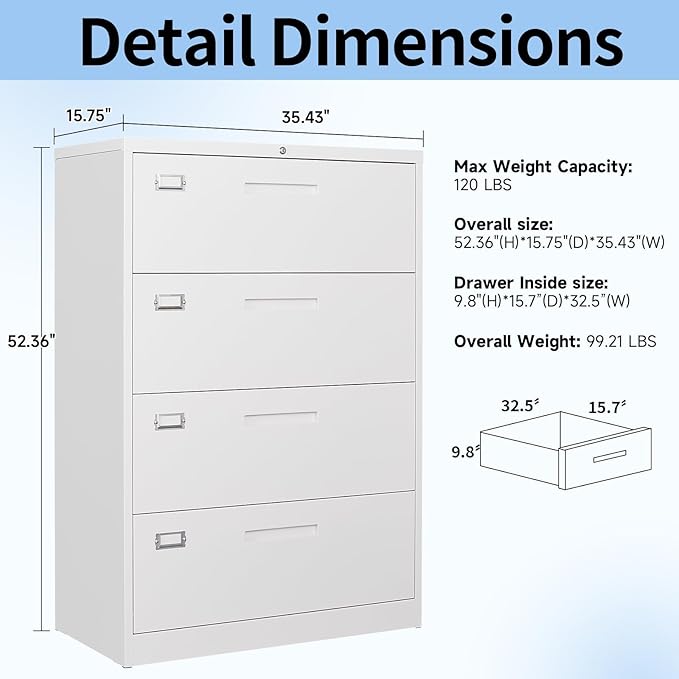 Lateral Filing Cabinet,4 Drawer File Cabinet with Lock,Office Lateral File Cabinets for Legal/Letter A4 Size,Require Assembly, White
