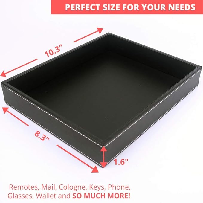 ULTRAY, Valet Tray, Desk Tray, Key Bowl, Nightstand Organizer for Men, Black PU Leather, 10.3 x 8.3 x 1.6 inches