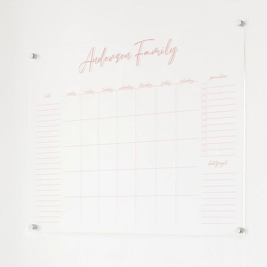 Personalized Clear Acrylic Calendar for Wall, Calendar Whiteboard for Wall, Dry Erase Wall Calendar, Wall Calendar Organizer System for Home (Cursive, Blush, 38"W x 26"H)