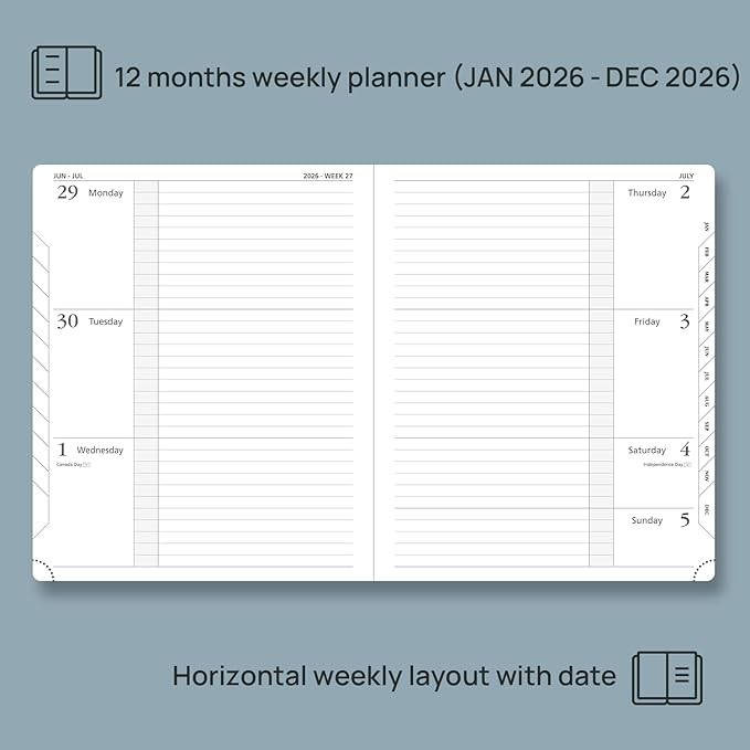 POPRUN 2026 Weekly & Monthly Planner Calendar, 8.5" x 10.5" Large, Horizontal Layout with Lined Sections, Jan. 2026 - Dec. 2026, Leather Hardcover, 100GSM Paper, Inner Pocket- Pacific Green