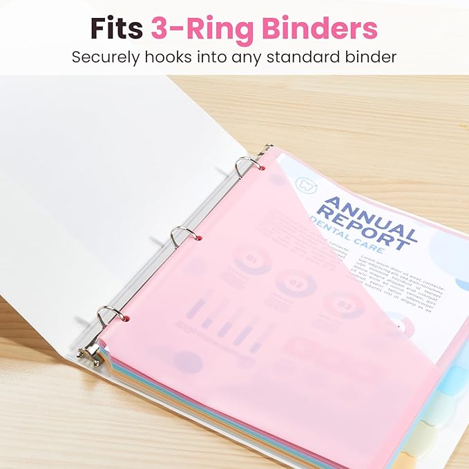 Sooez 8-Tab Binder Dividers with Two Pockets, 8 Tabs Dividers for 3 Ring Binder Organizers, 3-Hole Plastic Sheets Protectors for US Letter Size, School, College, Office Supplies, Pastels, Set of 3