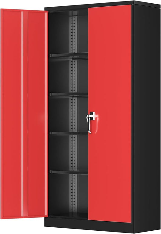 Greenvelly Metal Garage Storage Cabinet with Lock, 72" Metal Storage Cabinet with 2Doors and 4Adjustable Shelves, for Home Office, School,Gym (Black&Red)