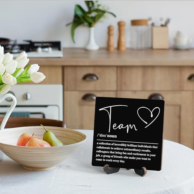 Wooden Table Sign Gift Team Definition Desk Decor Wood Plaque With Stand Team Gift for Boss Employees Women Best Mom Coworker Office(Black)-A14