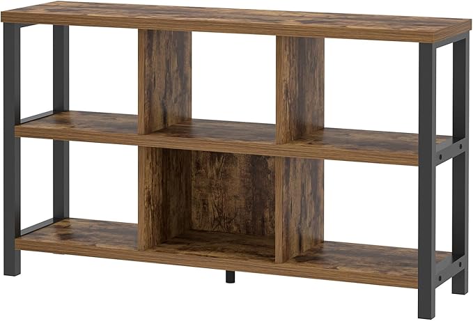 FOLUBAN Industrial Horizontal Bookshelf, 6 Cube Storage Organizer with Shelf, Wood and Metal Cubby Bookcase for Living Room Bedroom, Rustic Brown, 47 Inch