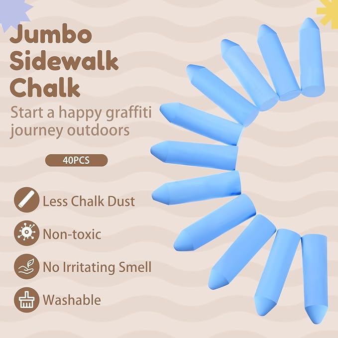 Fulmoon 40 Pcs Jumbo Sidewalk Chalk for Kids Outdoor Art Non Toxic Large Washable Street Chalk for Adults Drawing Painting Classroom(Blue,Sharp Style)