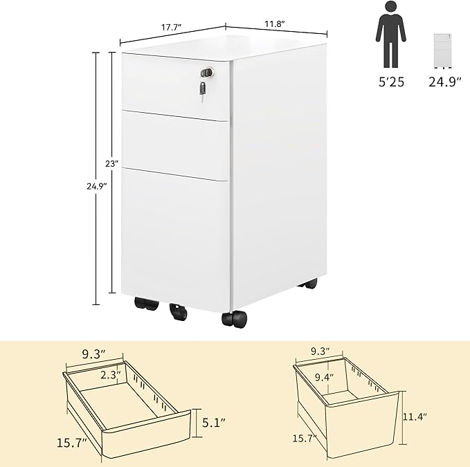 DWVO 3-Drawer Vertical File Cabinet, Mobile Filing Cabinet with Lockable, Pre-Assembled Compact Slim File Cabinet, Portable Office Storage for A4/Letter/Legal Documents (White)